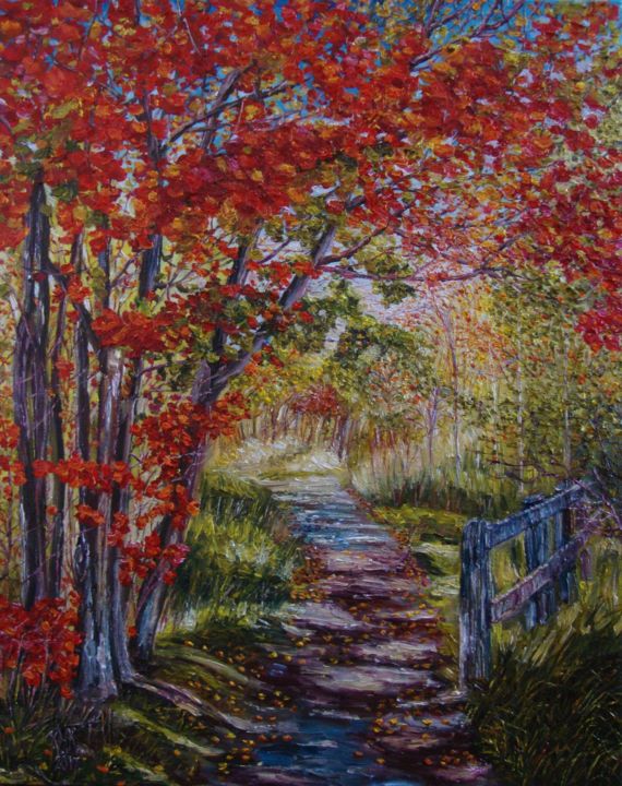 Painting titled "Red autumn" by Olga Knezevic, Original Artwork, Oil