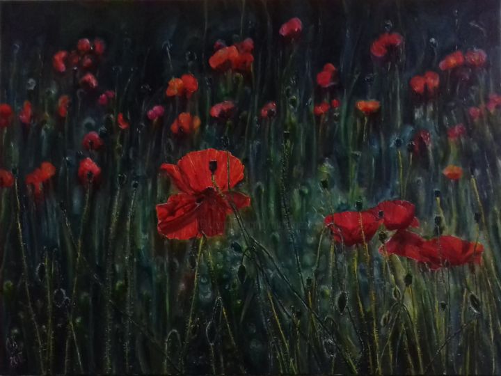 Картина под названием "Red poppy field" - Olga Knezevic, Подлинное произведение искусства, Масло