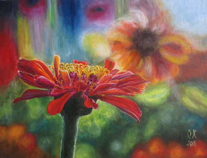 Painting titled "Cheerful flower" by Olga Knezevic, Original Artwork, Oil