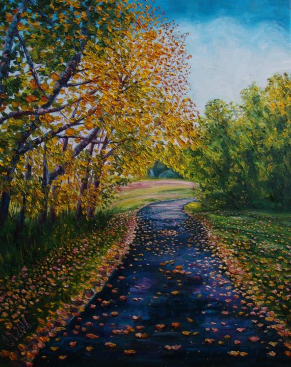 Painting titled "Autumn trail" by Olga Knezevic, Original Artwork, Oil