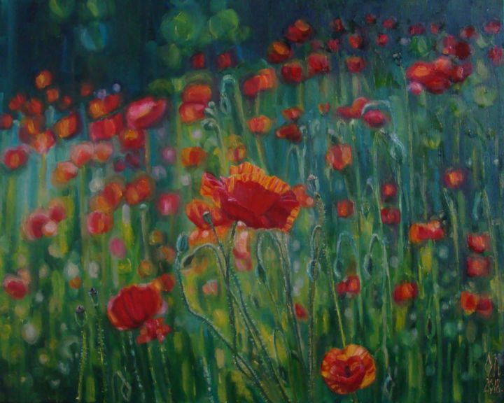 Картина под названием "Poppy meadow" - Olga Knezevic, Подлинное произведение искусства, Масло