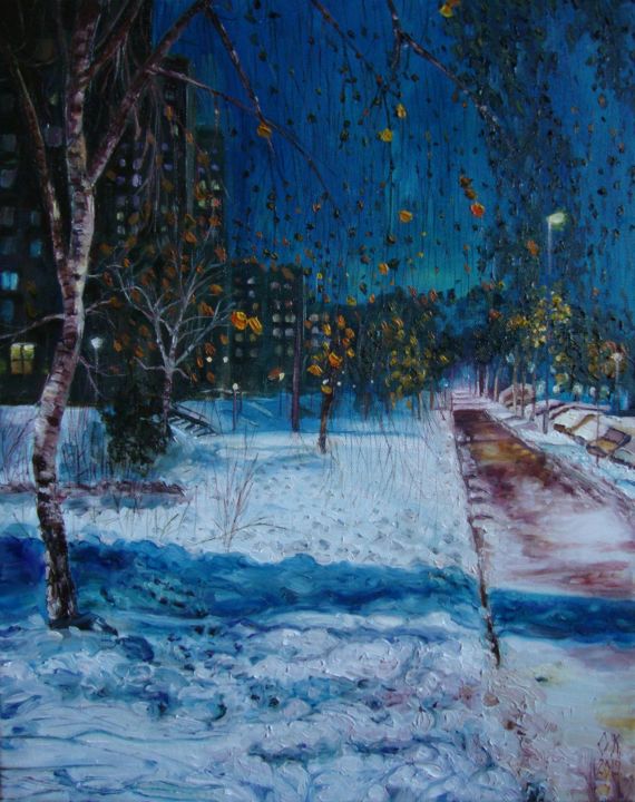 Malerei mit dem Titel "Snowy January" von Olga Knezevic, Original-Kunstwerk, Öl