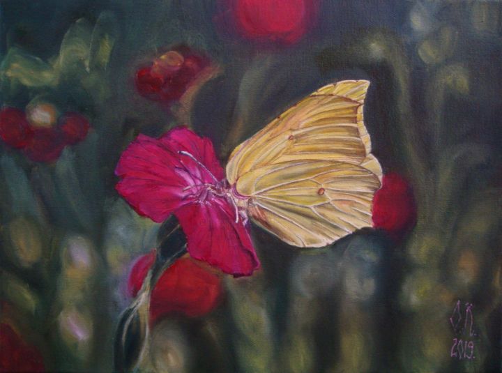 Malerei mit dem Titel "Yellow butterfly I" von Olga Knezevic, Original-Kunstwerk, Öl