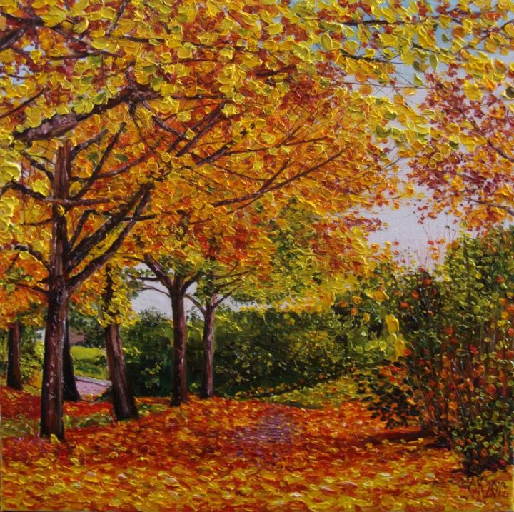 Painting titled "Yellow autumn 1" by Olga Knezevic, Original Artwork, Oil
