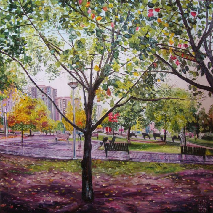 Painting titled "Autumn in my neighb…" by Olga Knezevic, Original Artwork, Oil