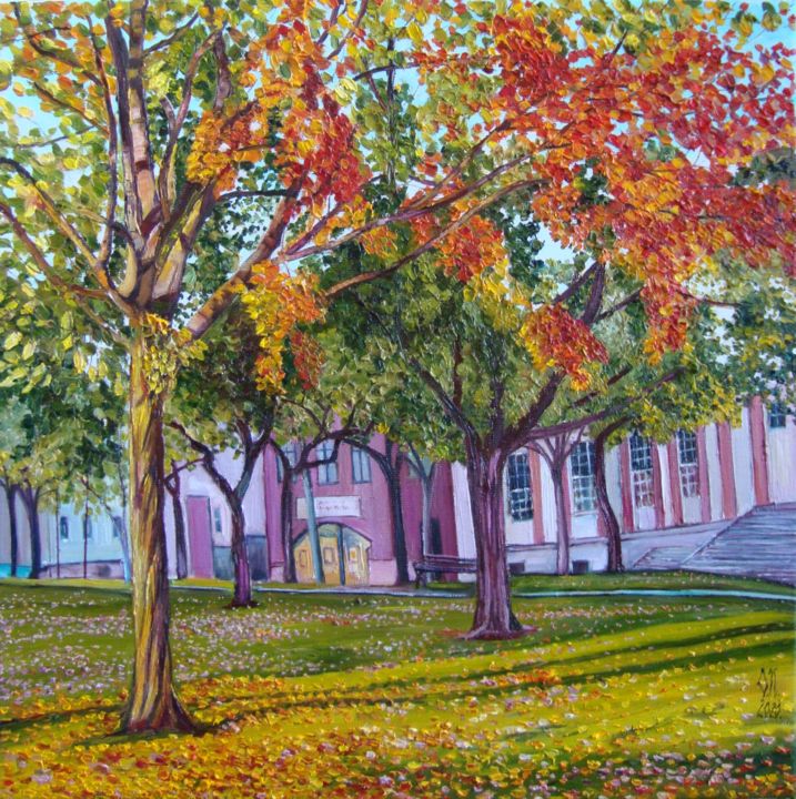 Peinture intitulée "Autumn in the city" par Olga Knezevic, Œuvre d'art originale, Huile