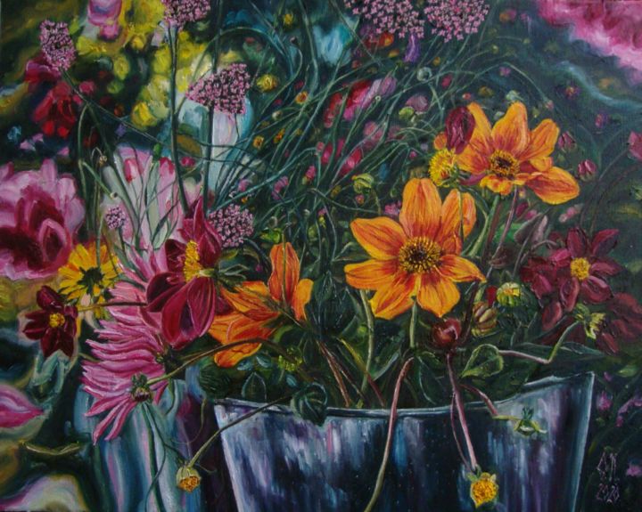 Painting titled "Bucket with flowers…" by Olga Knezevic, Original Art, Oil