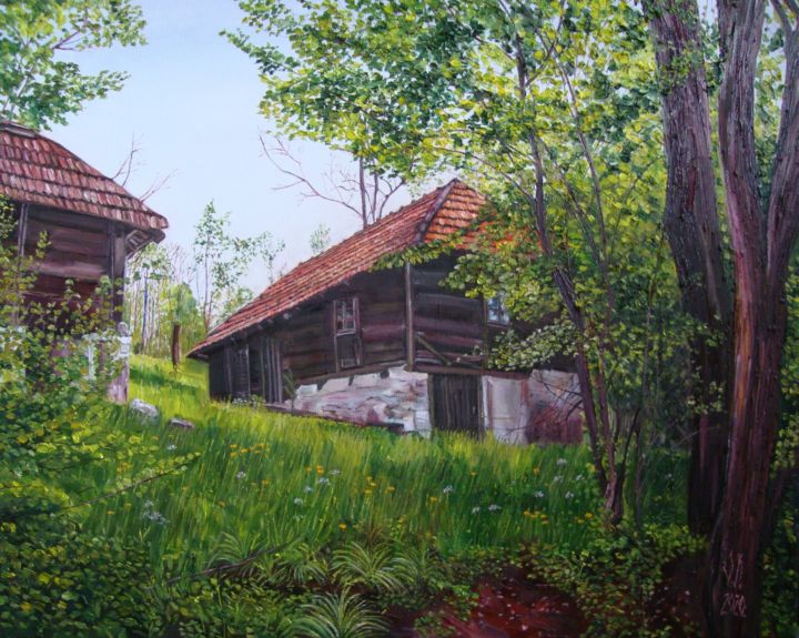 Painting titled "Village Zelenci, Ba…" by Olga Knezevic, Original Artwork, Oil