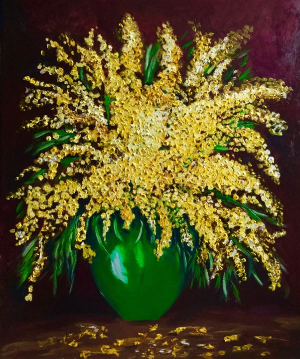 Schilderij getiteld "Mimosas in a green…" door Olga Koval, Origineel Kunstwerk, Olie