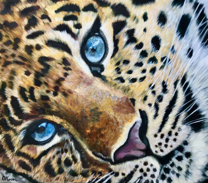 Painting titled "Leopard. Blue eyes.…" by Olga Koval, Original Artwork, Oil