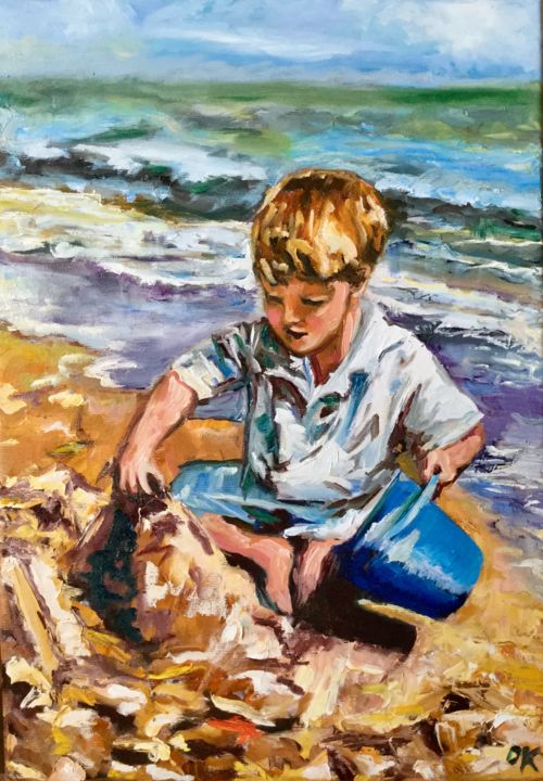 Malerei mit dem Titel "Boy is making a san…" von Olga Koval, Original-Kunstwerk