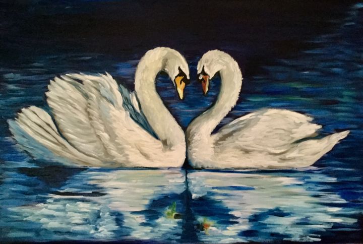 Malerei mit dem Titel "Swans  together for…" von Olga Koval, Original-Kunstwerk, Öl