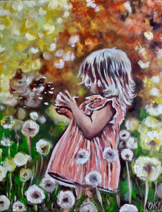 Malerei mit dem Titel "Girl on the field.…" von Olga Koval, Original-Kunstwerk, Öl
