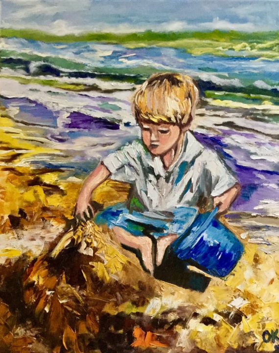 Painting titled "Boy is making a san…" by Olga Koval, Original Artwork, Oil