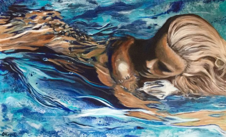 Painting titled "Nude in swimming po…" by Olga Koval, Original Artwork, Oil