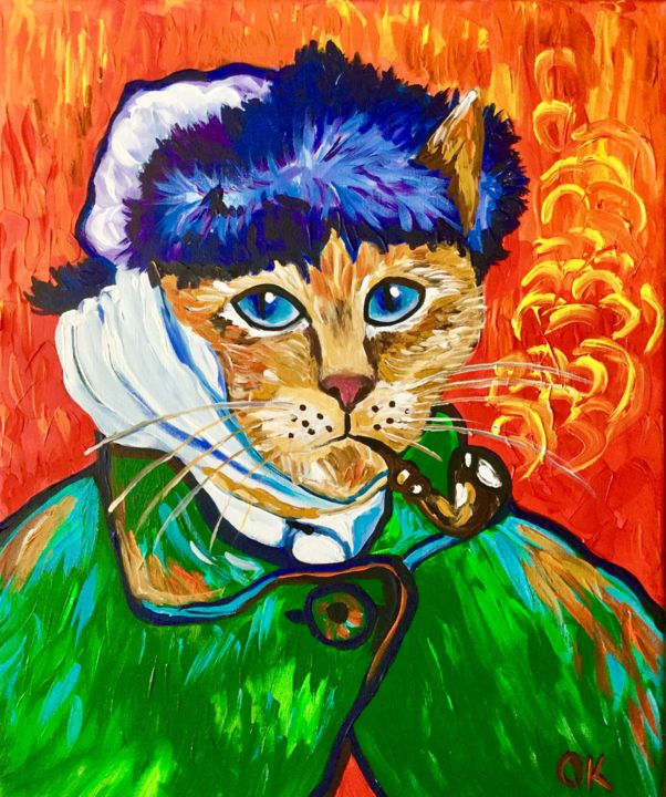 Painting titled "Cat La Van Gogh wit…" by Olga Koval, Original Artwork, Acrylic