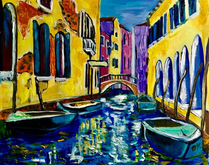 Schilderij getiteld "VENICE CANAL BRIDGE…" door Olga Koval, Origineel Kunstwerk, Olie