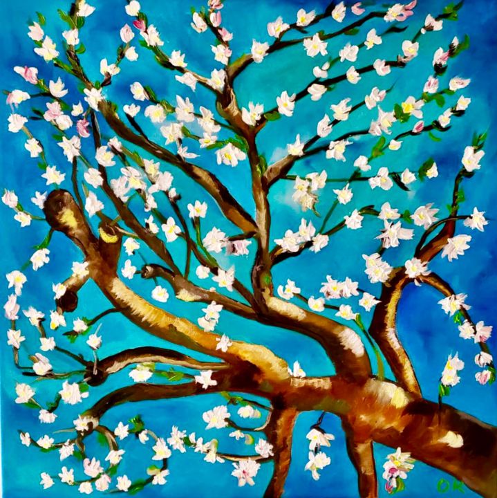 Painting titled "ALMOND BLOSSOM ON T…" by Olga Koval, Original Artwork, Oil Mounted on Wood Stretcher frame