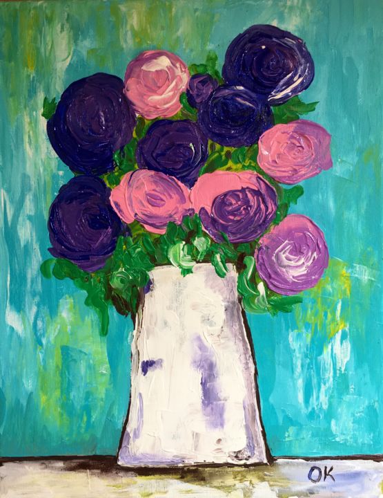 Painting titled "Roses on turquoise…" by Olga Koval, Original Artwork, Acrylic Mounted on Wood Stretcher frame