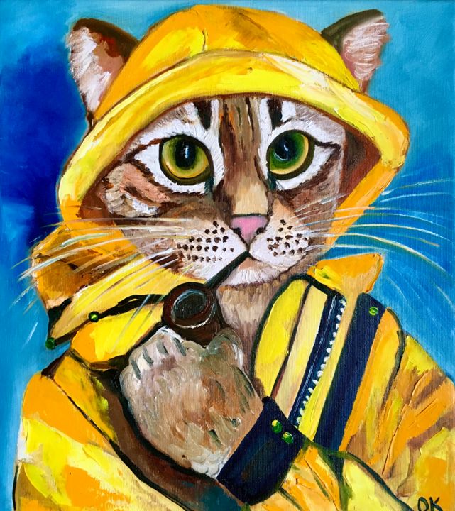 Pittura intitolato "Troy The Cat Fisher…" da Olga Koval, Opera d'arte originale, Olio Montato su Telaio per barella in legno