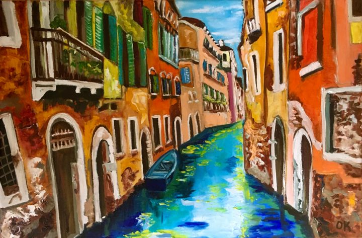 Painting titled "Venetian  canal, Ve…" by Olga Koval, Original Artwork, Oil Mounted on Wood Stretcher frame