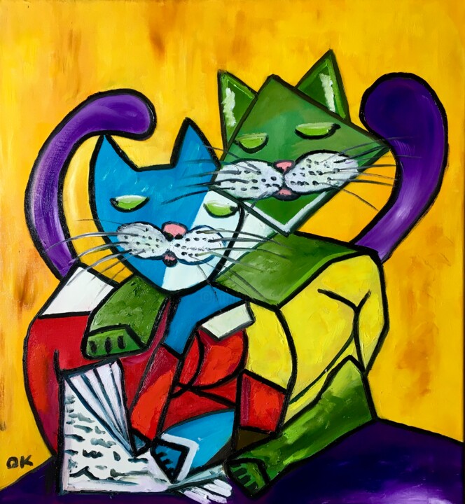 Painting titled "Two Cats Reading in…" by Olga Koval, Original Artwork, Oil Mounted on Wood Stretcher frame
