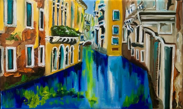 Schilderij getiteld "Summer in Venice, o…" door Olga Koval, Origineel Kunstwerk, Olie Gemonteerd op Frame voor houten branca…
