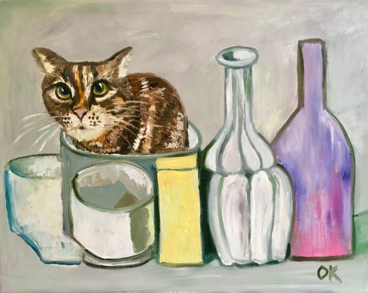 Painting titled "Troy a cat into Gio…" by Olga Koval, Original Art, Oil Mounted on Stretcher frame