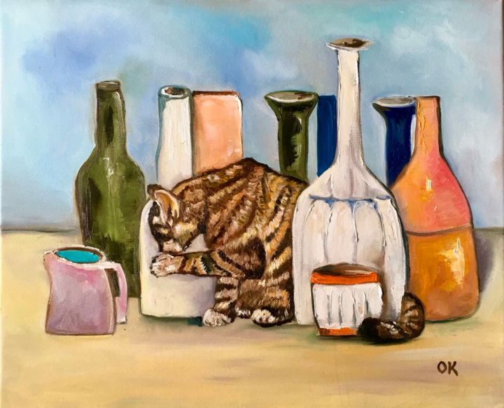 Painting titled "Troy The Cat with b…" by Olga Koval, Original Art, Oil Mounted on Stretcher frame