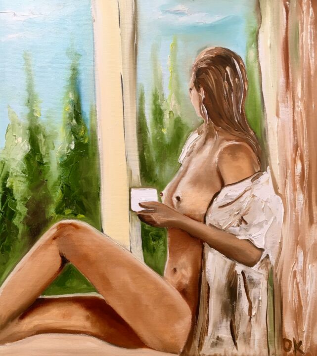 제목이 "Foggy morning with…"인 미술작품 Olga Koval로, 원작, 기름 나무 들것 프레임에 장착됨
