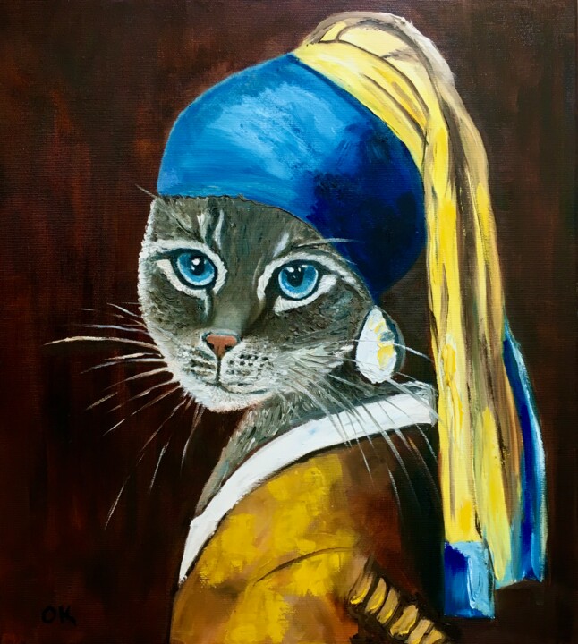 Peinture intitulée "Cat with the Pearl…" par Olga Koval, Œuvre d'art originale, Huile Monté sur Châssis en bois