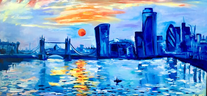 Painting titled "London, sunrise, in…" by Olga Koval, Original Artwork, Oil Mounted on Wood Stretcher frame