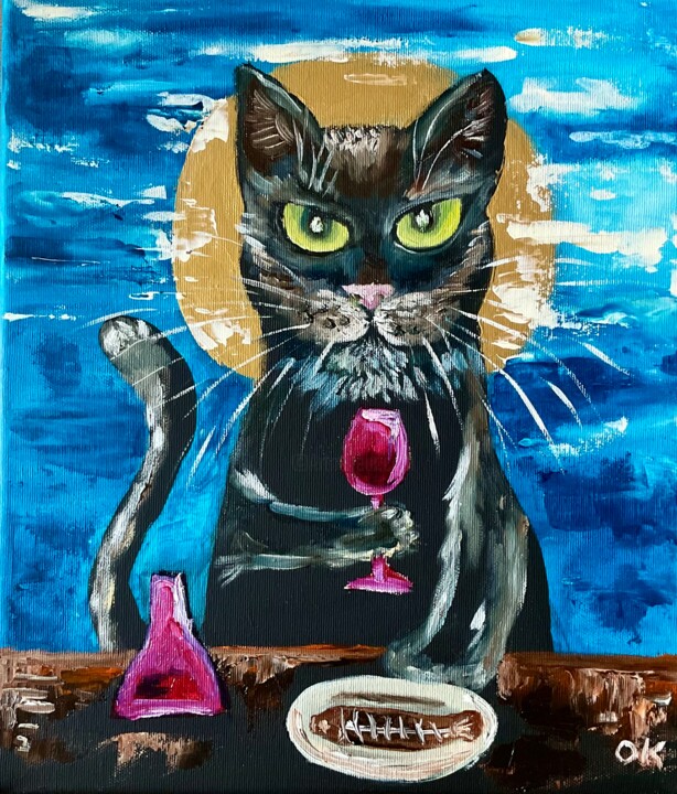 Painting titled "Evening cat. Wine t…" by Olga Koval, Original Artwork, Acrylic Mounted on Wood Stretcher frame