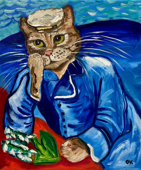 Painting titled "Cat Doctor Gashet,…" by Olga Koval, Original Artwork, Oil Mounted on Wood Stretcher frame
