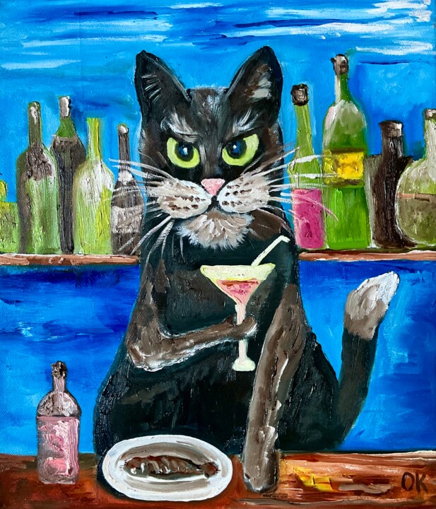 绘画 标题为“Martini cat. Evenin…” 由Olga Koval, 原创艺术品, 油 安装在木质担架架上