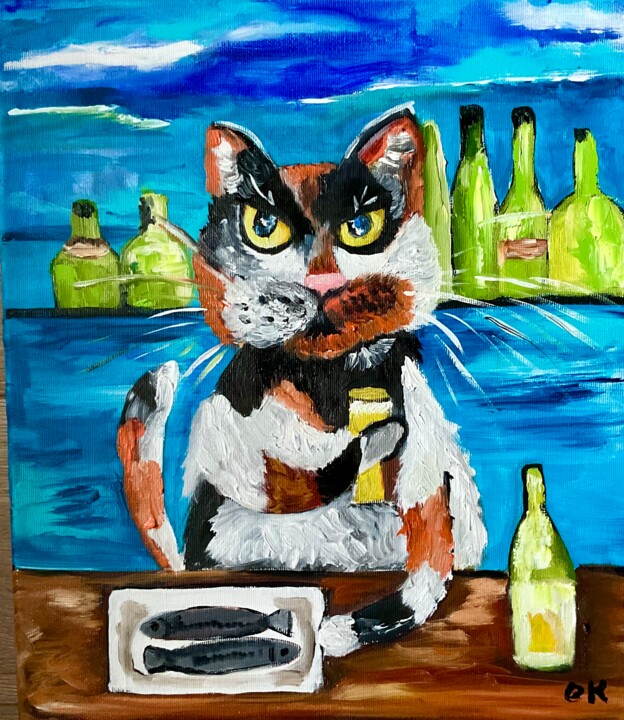 Painting titled "LUCKY CAT, HERRING…" by Olga Koval, Original Artwork, Oil Mounted on Wood Stretcher frame