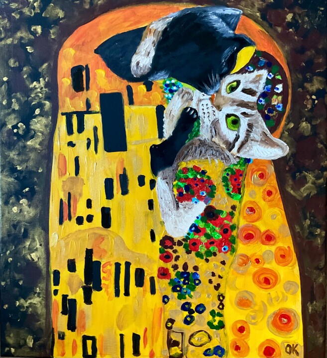 Painting titled "Cat and Kiss by Gus…" by Olga Koval, Original Artwork, Acrylic Mounted on Wood Stretcher frame