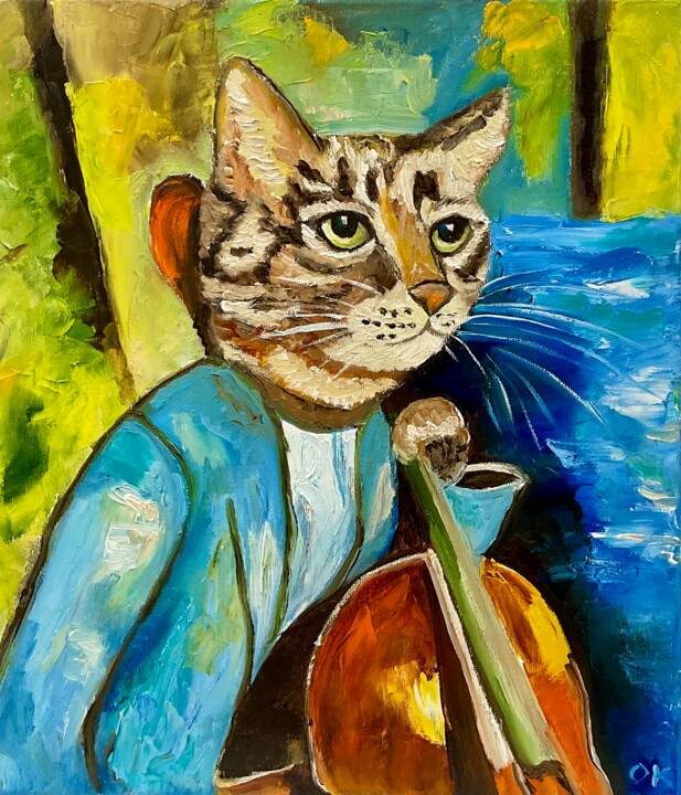 Painting titled "Cat Cellist, sounds…" by Olga Koval, Original Artwork, Oil Mounted on Wood Stretcher frame
