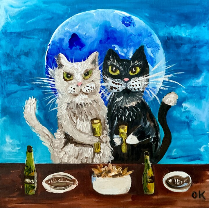 Painting titled "Pint of beer, cats…" by Olga Koval, Original Artwork, Oil Mounted on Wood Stretcher frame