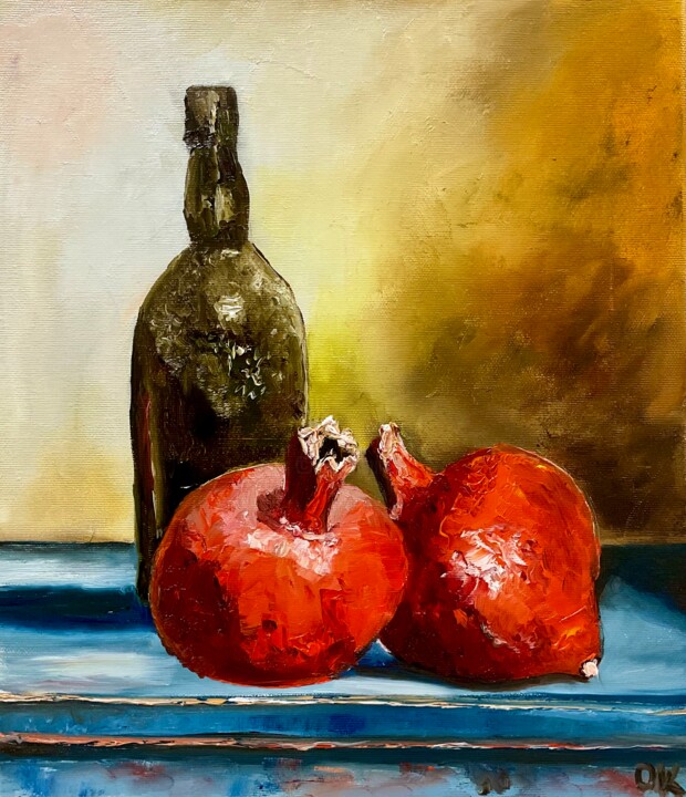 Painting titled "2 pomegranates and…" by Olga Koval, Original Artwork, Oil Mounted on Wood Stretcher frame