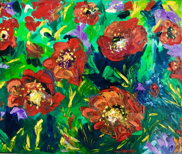 Painting titled "Salute of poppies.…" by Olga Koval, Original Artwork, Oil