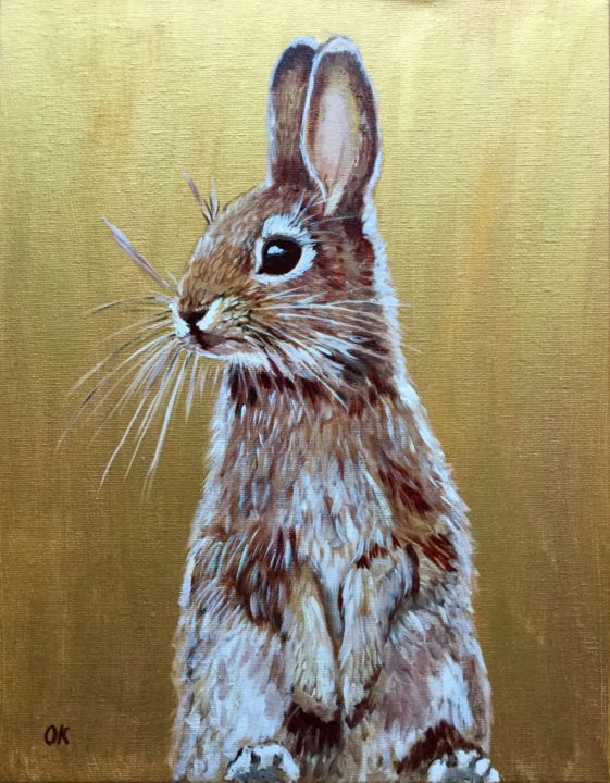 Painting titled "Golden bunny" by Olga Koval, Original Artwork, Acrylic