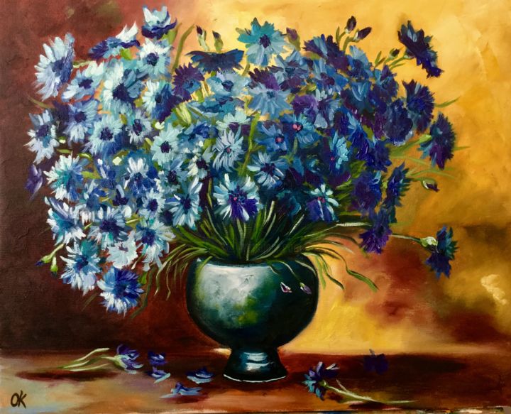 Painting titled "Cornflowers" by Olga Koval, Original Artwork, Oil