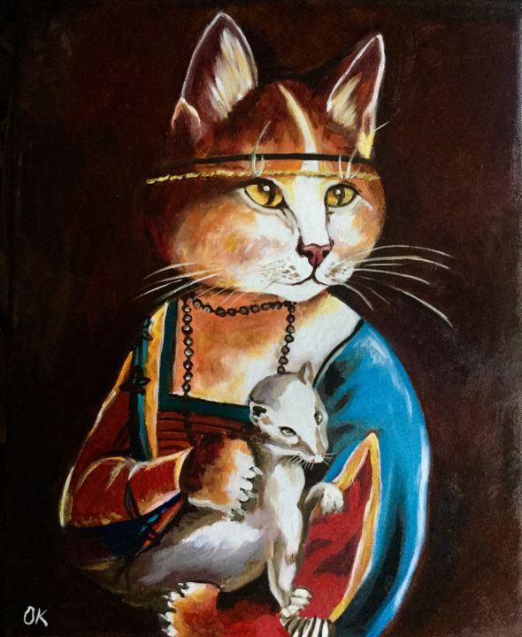 Painting titled "Cat with ermine" by Olga Koval, Original Artwork, Oil