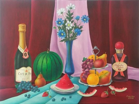 Painting titled "Still life with wat…" by Olga Levitas, Original Artwork, Oil