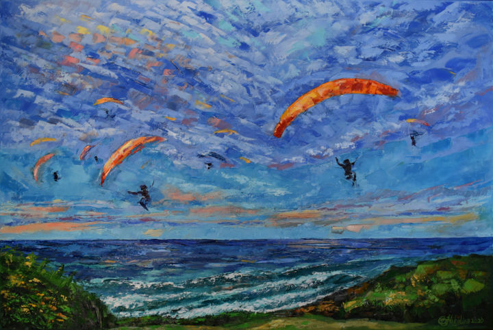 Painting titled "Paragliding" by Olga Nikitina, Original Artwork, Oil