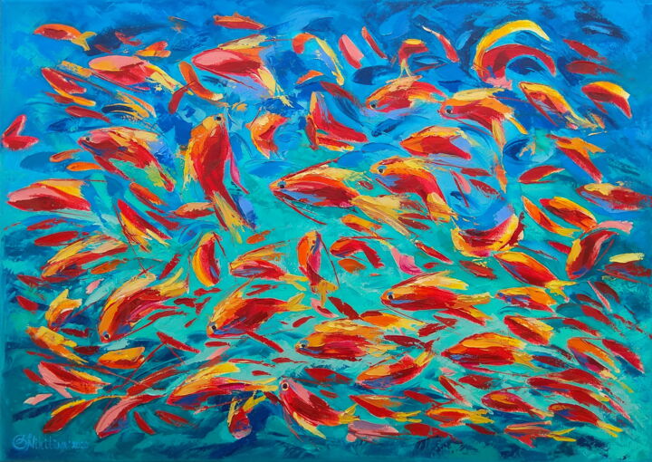 Painting titled "Red Fish Motion" by Olga Nikitina, Original Art, Oil Mounted on Stretcher frame