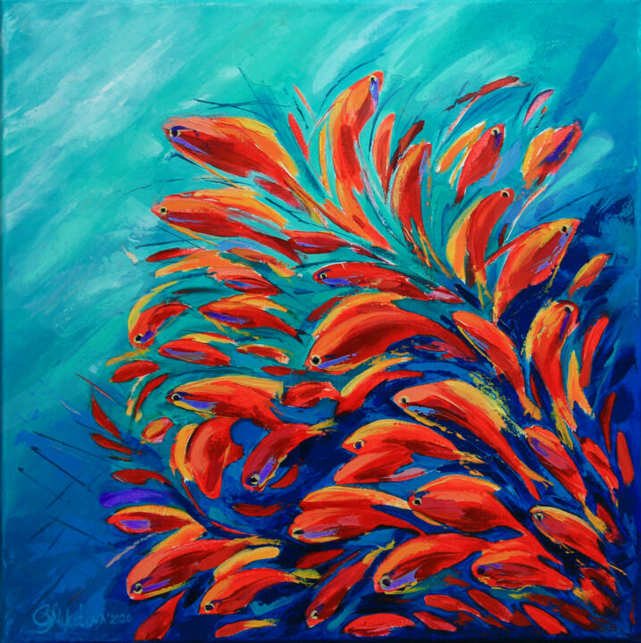 Painting titled "Red Fish #2" by Olga Nikitina, Original Art, Oil Mounted on Stretcher frame