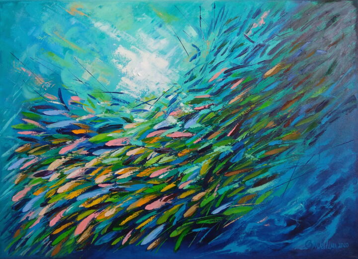 Painting titled "School of Fish" by Olga Nikitina, Original Artwork, Oil Mounted on Wood Stretcher frame