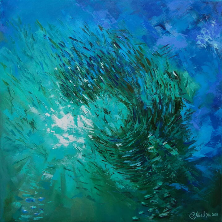 Painting titled "School of fish. Sar…" by Olga Nikitina, Original Art, Oil Mounted on Stretcher frame